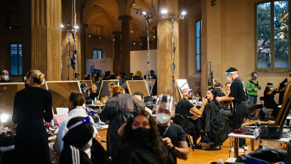 Make up area at Salvatore Ferragamo. Face shields and a lot of spacing.
