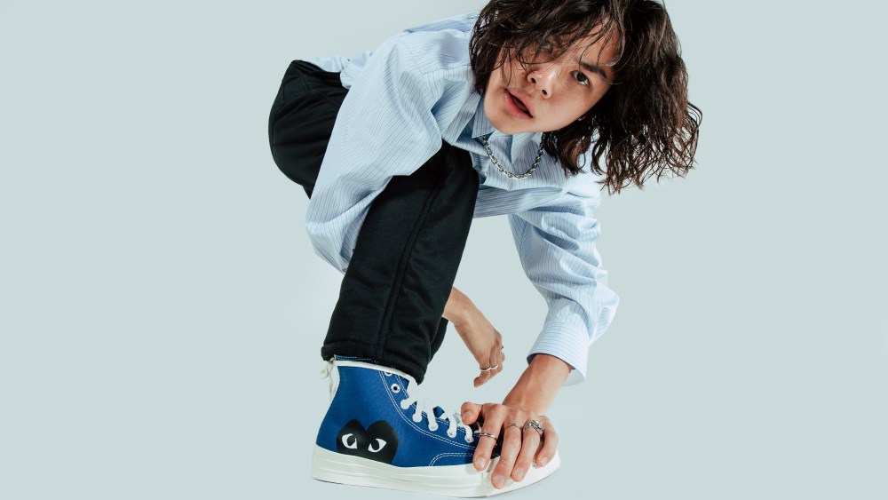 Sean Lew wearing Converse x PLAY Comme des Garçons Chuck 70 - Blue Quartz High Top