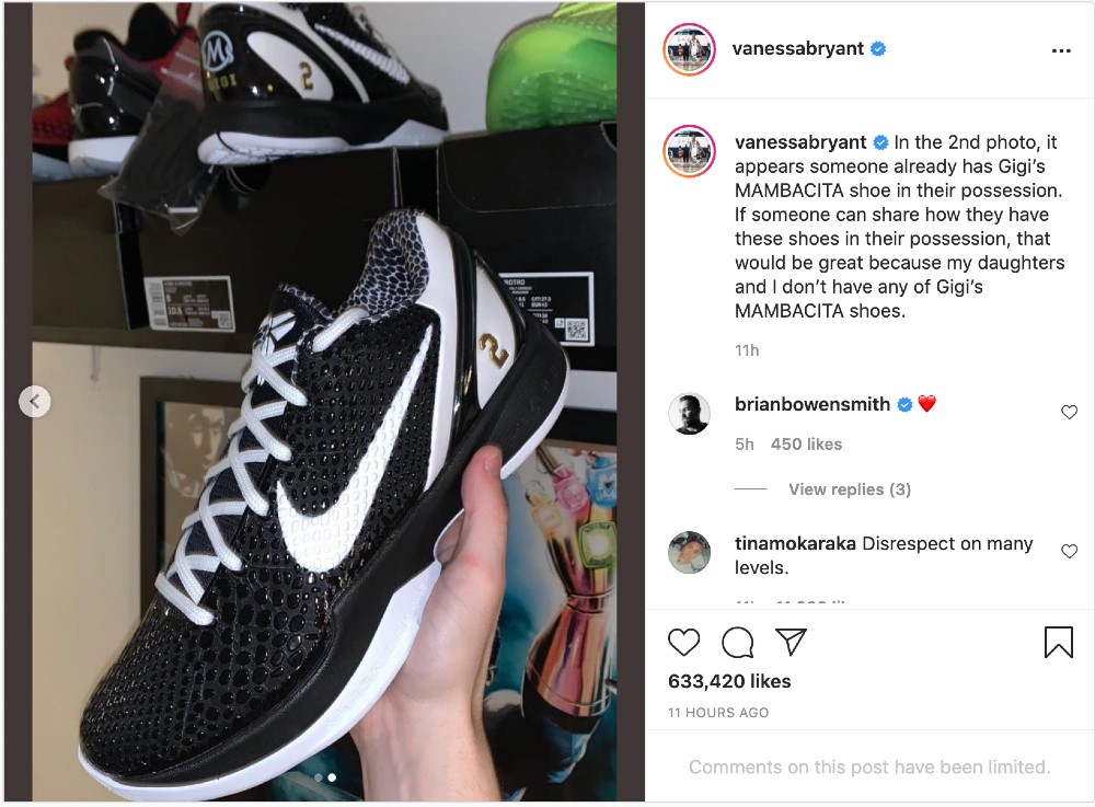 Vanessa Bryant included a picture of what appears to be someone from the public holding the Kobe 6 Protro she designed in honor of daughter Gianna Bryant