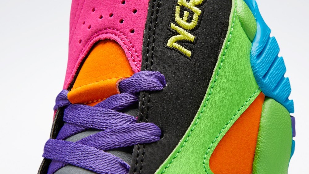 Reebok's collaboration with Hasbro's Nerf brand relies on vibrant colors and basketball motifs.