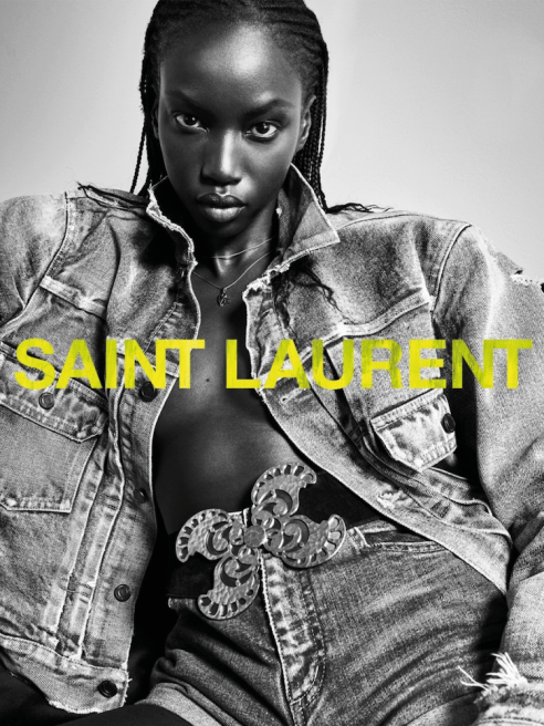 Saint Laurent debuted a new line of denim, outerwear and accessories in a campaign featuring Hailey Bieber, Romeo Beckham and others.