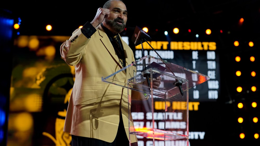 Franco Harris announces the Pittsburgh Steelers pick during the second round of the NFL Draft.