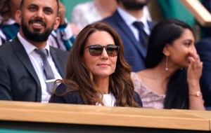 Wimbledon 2021 - Day Five - The All England Lawn Tennis and Croquet Club. The Duchess of Cambridge in the royal box on centre court on day five of Wimbledon at The All England Lawn Tennis and Croquet Club, Wimbledon. Picture date: Friday July 2, 2021. See PA story TENNIS Wimbledon. Photo credit should read: Adam Davy/PA Wire. RESTRICTIONS: Editorial use only. No commercial use without prior written consent of the AELTC. Still image use only - no moving images to emulate broadcast. No superimposing or removal of sponsor/ad logos. URN:60701306 (Press Association via AP Images)