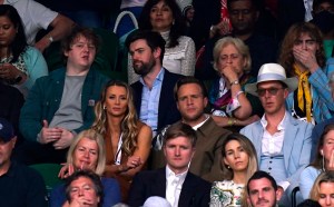 Wimbledon 2021 - Day Eight - The All England Lawn Tennis and Croquet Club. (back row: left - right) Lewis Capaldi, Jack Whitehall (front row: left - right), Olly Murs, Benedict Cumberbatch watch play during the Ladies' singles match between Aryna Sabalenka and Ons Jabeuron on day eight of Wimbledon at The All England Lawn Tennis and Croquet Club, Wimbledon. Picture date: Tuesday July 6, 2021. See PA story TENNIS Wimbledon. Photo credit should read: Adam Davy/PA Wire RESTRICTIONS: Editorial use only. No commercial use without prior written consent of the AELTC. Still image use only - no moving images to emulate broadcast. No superimposing or removal of sponsor/ad logos. URN:60781012 (Press Association via AP Images)
