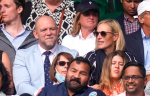 Wimbledon 2021 - Day Nine - The All England Lawn Tennis and Croquet Club. Mike Tindall and Zara Tindall on centre court on day nine of Wimbledon at The All England Lawn Tennis and Croquet Club, Wimbledon. Picture date: Wednesday July 7, 2021. See PA story TENNIS Wimbledon. Photo credit should read: Adam Davy/PA Wire RESTRICTIONS: Editorial use only. No commercial use without prior written consent of the AELTC. Still image use only - no moving images to emulate broadcast. No superimposing or removal of sponsor/ad logos. URN:60801508 (Press Association via AP Images)