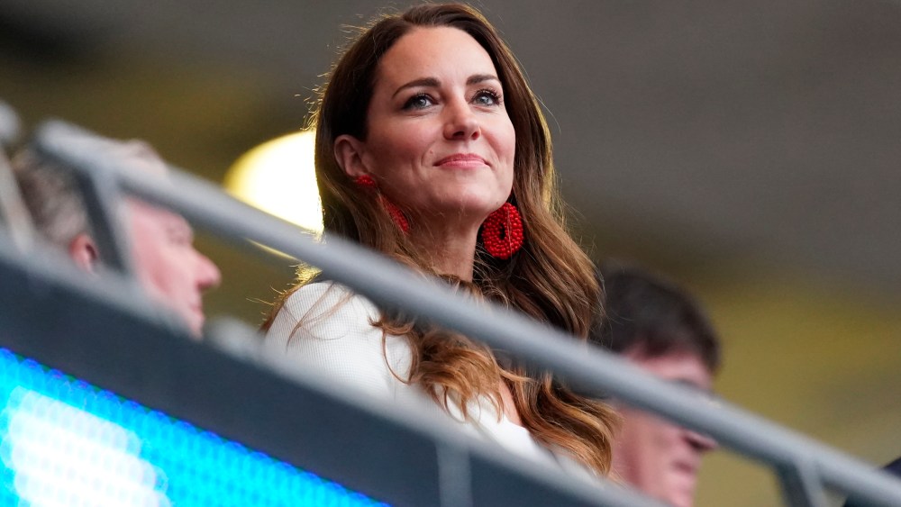 Italy v England - UEFA Euro 2020 Final - Wembley Stadium. The Duchess of Cambridge in the stands ahead the UEFA Euro 2020 Final at Wembley Stadium, London. Picture date: Sunday July 11, 2021. See PA story SPORT England. Photo credit should read: Mike Egerton/PA Wire. RESTRICTIONS: Use subject to restrictions. Editorial use only, no commercial use without prior consent from rights holder. URN:60883922 (Press Association via AP Images)
