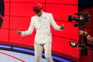 Scottie Barnes reacts after being selected fourth overall by the Toronto Raptors during the first round of the NBA basketball draft, Thursday, July 29, 2021, in New York. (AP Photo/Corey Sipkin)