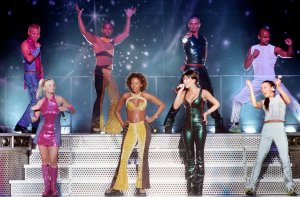 Members of the Spice Girls perform Thursday, June 25, 1998, at the PNC Arts Center in Holmdel Township, N.J. (AP Photo/Asbury Park Press, Daryl Stone)