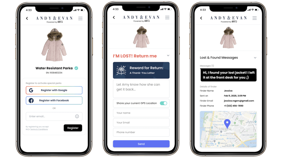 With Brij, Andy & Evan shoppers can register their product, inform the platform if they have lost it and discover if it was found.