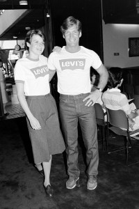 Models pose in Levi's logo tee and denim jeans during a promotional presentation for the 1984 Olympic teams uniforms at UCLA on September 2, 1981.