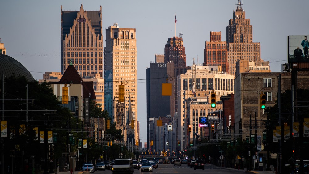 DETROIT, MI - AUGUST 12: Downtown Detroit's skyscrapers are seen from Woodward Ave during sunset on Sunday, August 12, 2018, in Detroit, MI. (Photo by Salwan Georges/The Washington Post via Getty Images)