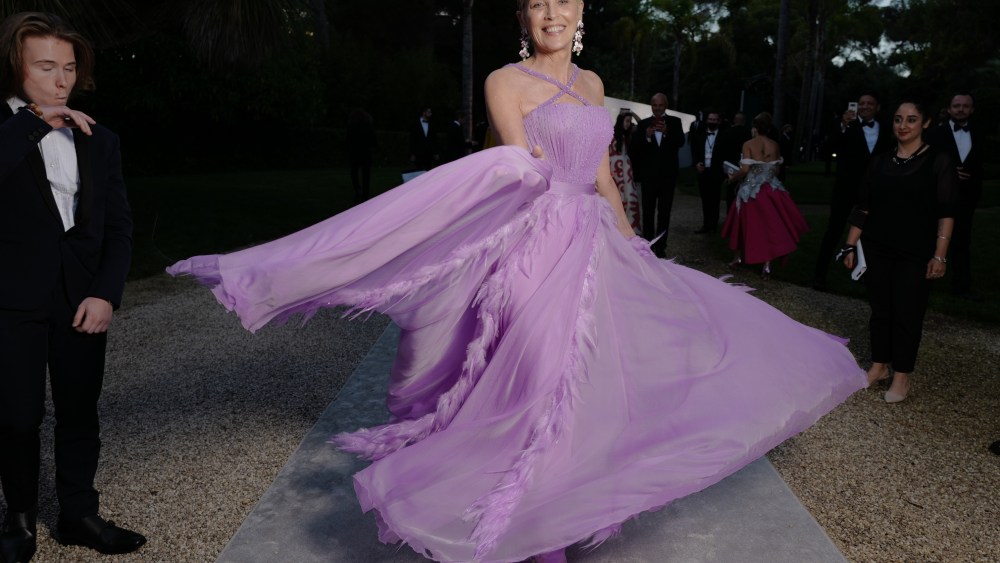 Sharon Stone makes a dramatic entrance at the amfAR gala.