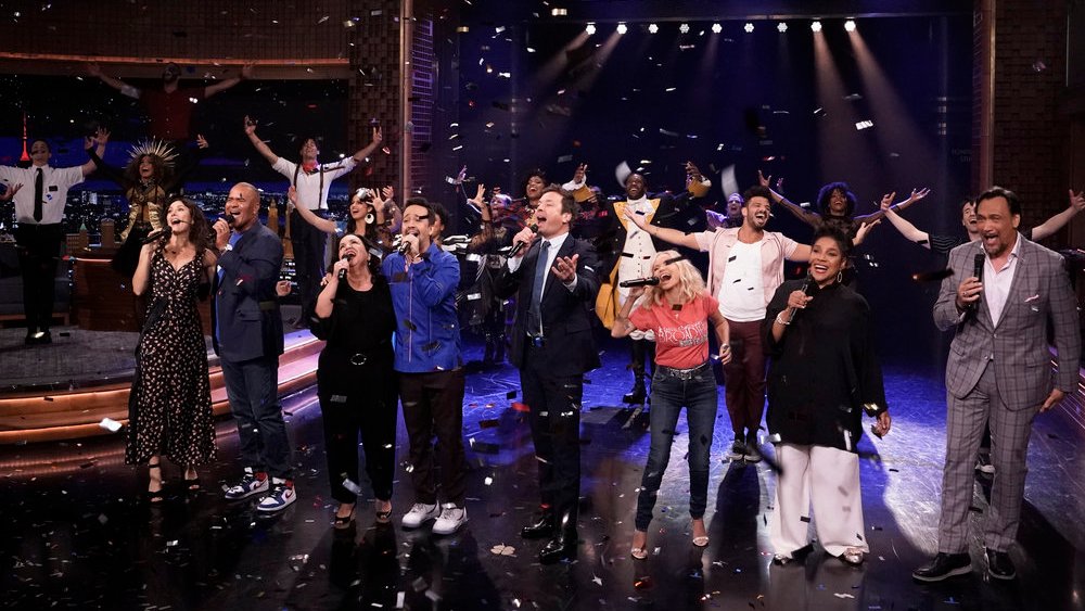 THE TONIGHT SHOW STARRING JIMMY FALLON -- Episode 1475 -- Pictured: (l-r) Actress Laura Benanti, actor Christopher Jackson, actress Olga Merediz, actor Lin-Manuel Miranda, host Jimmy Fallon, actress Kristin Chenoweth, actress Phylicia Rashad, and actor Jimmy Smitz during "Broadway Is Back" on Tuesday, June 8, 2021 -- (Photo by: Andrew Lipovsky/NBC)