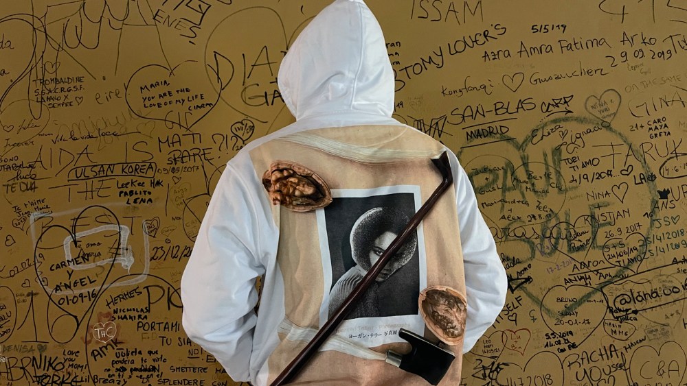 The collage hoodie from the capsule collection created by Palace and Juergen Teller.