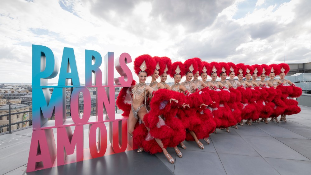 Moulin Rouge dancers at the Paris Mon Amour campaign on the Galeries Lafayette rooftop.