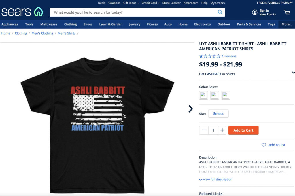 Sears and Kmart stopped selling a T-shirt branding deceased Jan. 6 Capitol Attack insurrectionist Ashli Babbitt as an "American Patriot."