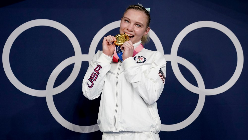 Jade Carey, of the United States, poses after winning the gold medal for the vault during the artistic gymnastics women's apparatus final at the 2020 Summer Olympics, Monday, Aug. 2, 2021, in Tokyo, Japan. (AP Photo/Ashley Landis)