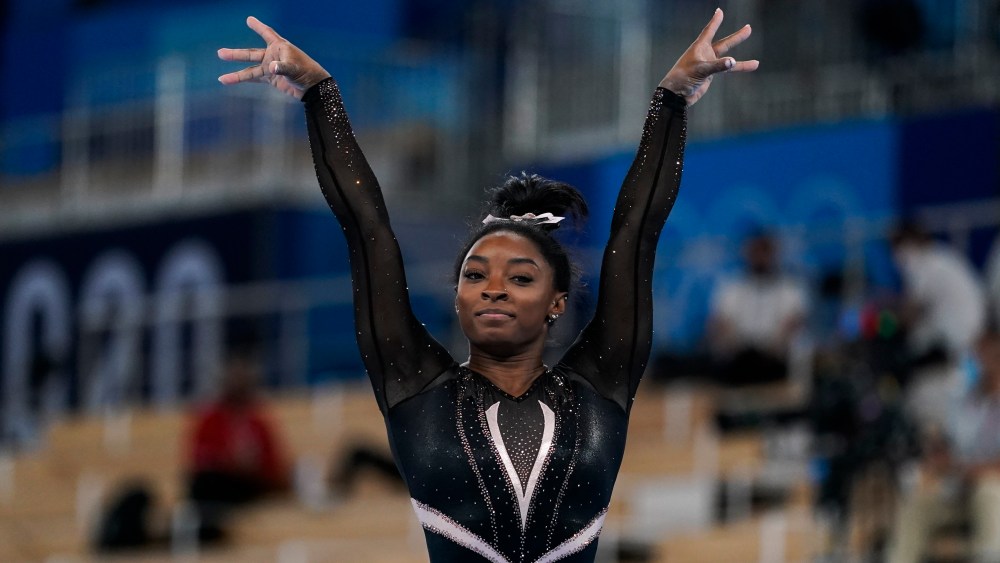 Simone Biles, of United States, performs on balance beam during women's gymnastics podium training at the 2020 Summer Olympics, Thursday, July 22, 2021, in Tokyo, Japan. (AP Photo/Ashley Landis)