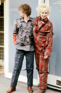 Designer Vivienne Westwood poses with Malcolm McLaren in their Seditionaries Clothes collection in London on April 15, 1977.