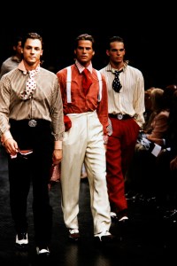 Models walk the runway in looks from Gianfranco Ferre's fall 1996 menswear collection. Models Mark Vanderloo and Joel West