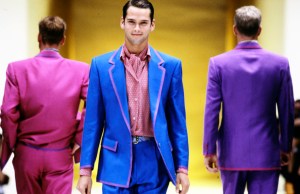 Models on the runway in looks from the Byblos spring 1993 menswear collection designed by Keith Varty and Alan Cleaver.