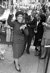 Estee Lauder, son Leonard Lauder, and guests launch "Beautiful" her new fragrance, at Rockefeller Center in 1985.