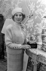 Estee Lauder photographed at her New York offices before a formal dinner and honor from Cosmetic Executive Women's organization on April 25, 1989.