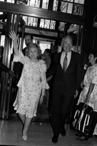 Estee Lauder and Leonard Lauder arrive for in-store appearance to promote Lauders' new fragrance "Spellbound" at Saks Fifth Avenue in New York on August 7, 1991.