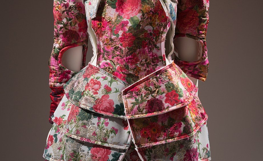 Comme des Garçons, ensemble, multicolor printed polyester, acetate, nylon, and cotton, fall 2016, Japan.