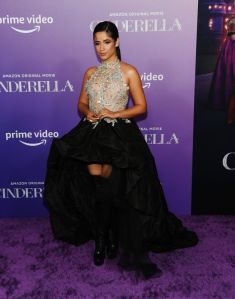 camila cabello, sheer dress, gown, thigh-high boots, casadei, cinderella, movie premiere, red carpet, la