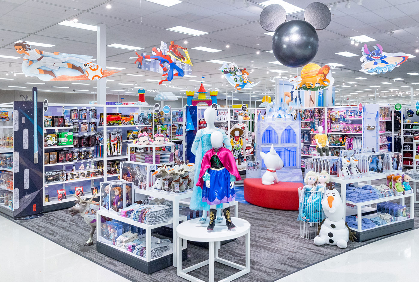 Target started rolling out the Disney shops in October 2019 when the first 25 locations opened. The Disney shops are an average of 750 square feet and typically located near Target's kids clothing and toy departments. The mini stores have music, interactive displays, photo opportunities, and a seating area to watch Disney movie clips and to play games.