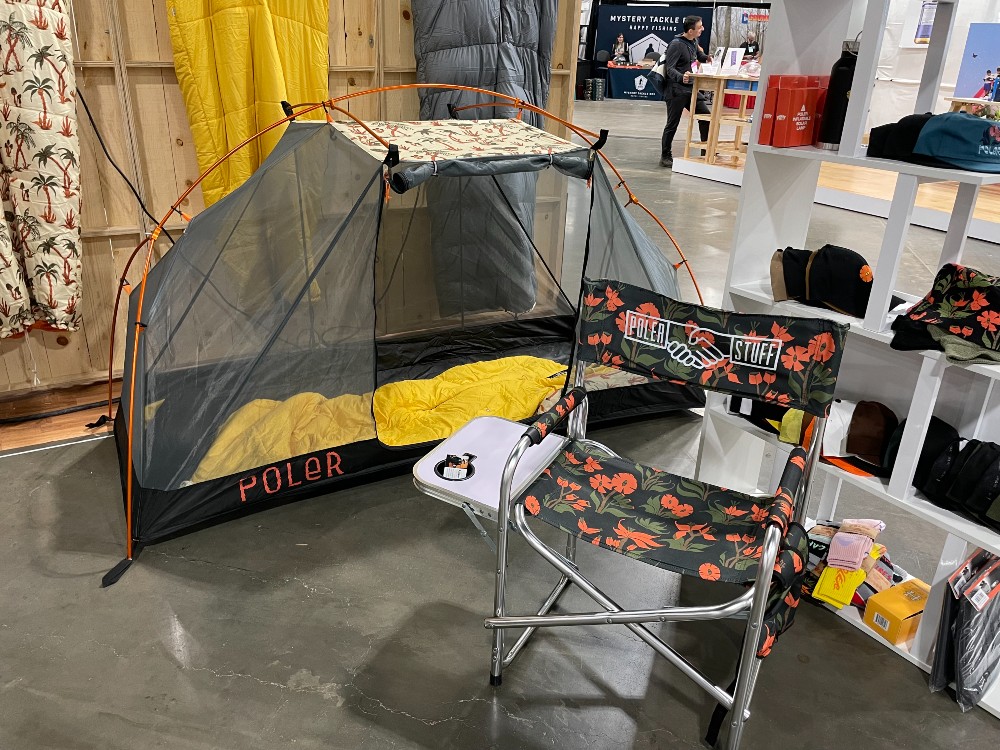 Tent, camping chair and apparel by Poler.