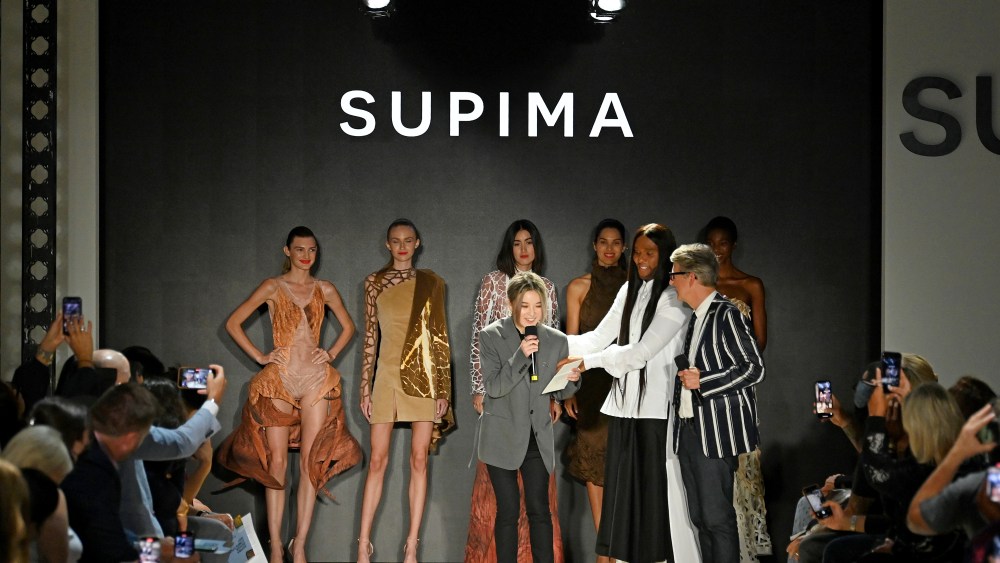 NEW YORK, NEW YORK - SEPTEMBER 09: Winning designer Yuki Xi, Law Roach, and VP Marketing and Promotions at Supima Buxton Midyette speak during the 14th Annual Supima Design Competition on September 09, 2021 in New York City. (Photo by Slaven Vlasic/Getty Images for Supima)