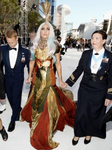 Lady Gaga, center, arrives at the MTV Video Music Awards on Sunday, Sept. 12, 2010 in Los Angeles. (AP Photo/Matt Sayles)
