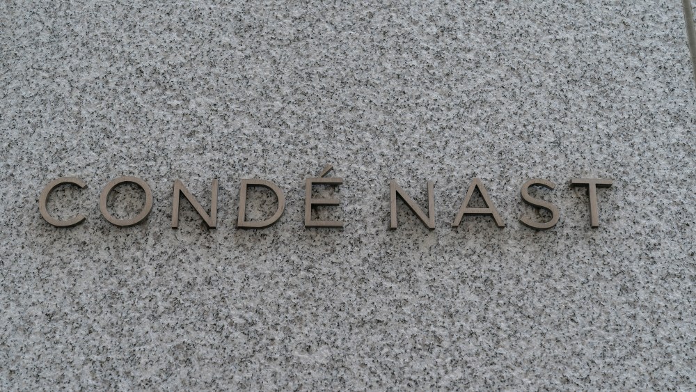 View of logo of Conde Nast company on the wall of Freedom Tower at WTC where it has headquarters in New York on August 6, 2020. Company is looking to terminate it lease because lots of employees work from home and possibly will not return to the office. (Photo by Lev Radin/Sipa USA)(Sipa via AP Images)