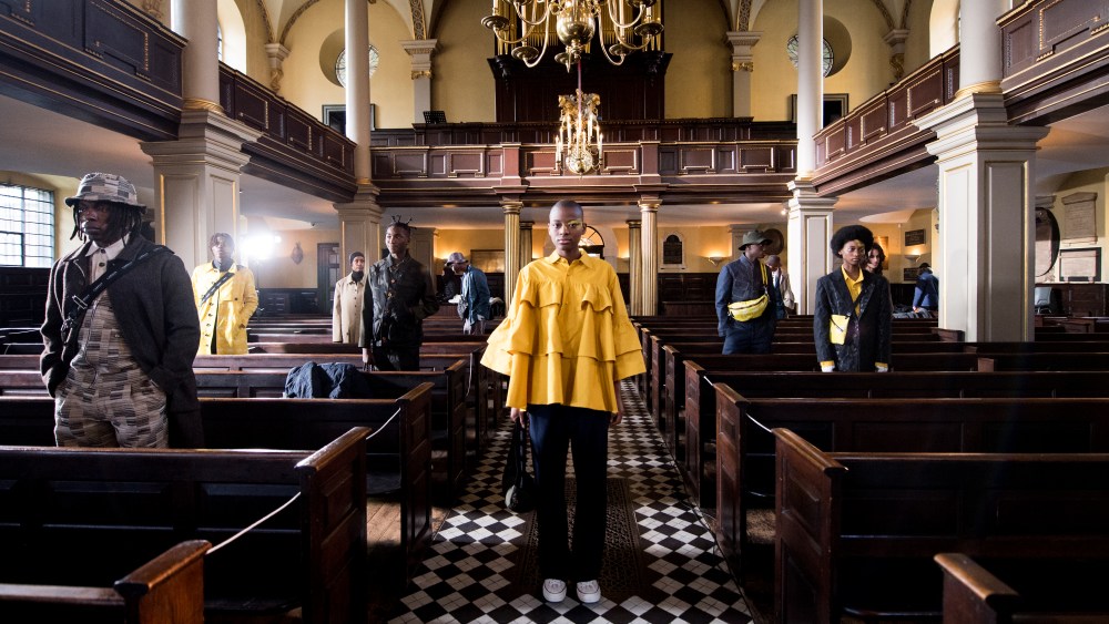 Models during the Labrum London's AW21 London Fashion Week digital show at St Giles In The Field Church, London.