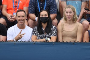 Steve Nash, Lilla Nash and Kimberly Hill watch during a Men's Singles match at the 2021 US Open, Tuesday, Aug. 31, 2021 in Flushing, NY. (Brad Penner/USTA)