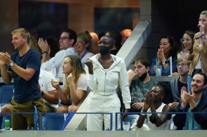 Actress, Danai Gurira reacts during a Men's Singles match at the 2021 US Open, Sunday, Sep. 5, 2021 in Flushing, NY. (Manuela Davies/USTA via AP)