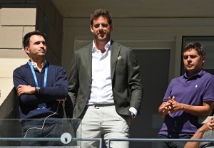 Juan Martin del Potro watches the Men's Singles quarterfinal match between Botic Van de Zandschulp and Daniil Medvedev at the 2021 US Open, Tuesday, Sep. 7, 2021 in Flushing, NY. (Garrett Ellwood/USTA via AP)
