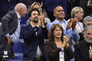 Actors, Lin- Manuel Miranda and Christopher Jackson react during a Men's Singles quarterfinal match at the 2021 US Open, Tuesday, Sep. 7, 2021 in Flushing, NY. (Mike Lawrence/USTA via AP)