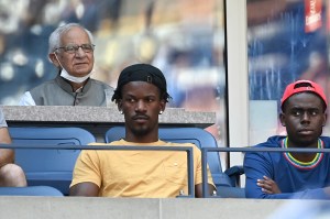 Jimmy Butler watches the Women's Singles quarterfinal match between Emma Raducanu and Belinda Bencic at the 2021 US Open, Wednesday, Sep. 8, 2021 in Flushing, NY. (Garrett Ellwood/USTA via AP)