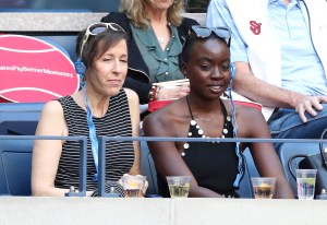 Danai Gurira watches the Men's Singles semifinal match between Felix Auger-Aliassime and Daniil Medvedev at the 2021 US Open, Friday, Sep. 10, 2021 in Flushing, NY. (Allison Joseph/USTA via AP)