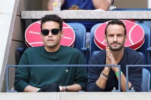 Rami Malek watches the Men's Singles semifinal match between Felix Auger-Aliassime and Daniil Medvedev at the 2021 US Open, Friday, Sep. 10, 2021 in Flushing, NY. (Allison Joseph/USTA via AP)