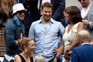 Brad Pitt, Bradley Cooper, and Gayle King during a Men's Singles championship match at the 2021 US Open, Sunday, Sep. 12, 2021 in Flushing, NY. (Andrew Ong/USTA via AP)