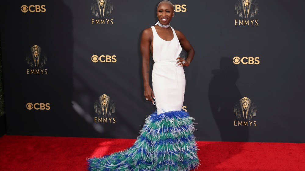 Cynthia Erivo arrives at the 73rd Emmy Awards at the JW Marriott on Sunday, Sept. 19, 2021 at L.A. LIVE in Los Angeles. (Photo by Danny Moloshok/Invision for the Television Academy/AP Images)