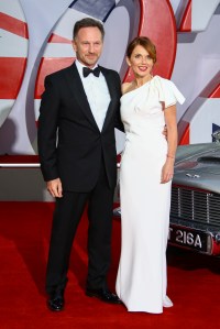 Christian Horner and Geri Horner pose for photographers upon arrival for the World premiere of the new film from the James Bond franchise 'No Time To Die', in London Tuesday, Sept. 28, 2021. (Photo by Joel C Ryan/Invision/AP)