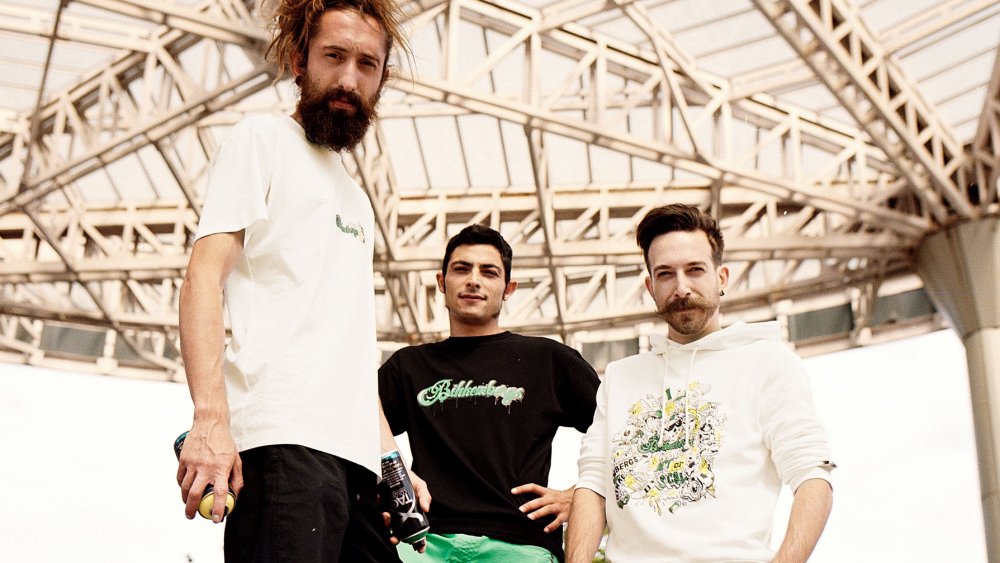 Art of Sool's Marco Cominini, Claudio Cretti and Nicola Fedriga wearing pieces from the Bikkembergs capsule collection they co-created.