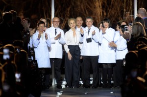 Carolina Herrera takes her final bow, with staff after her fall 2018 ready to wear collection showing during New York Fashion Week.