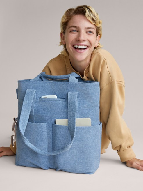 Organic cotton denim is the main character in Dagne Dover’s new tote collection.