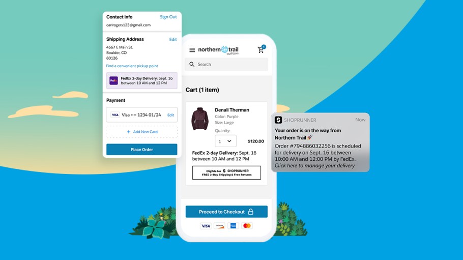 The new integration between FedEx, ShopRunner and Salesforce Commerce Cloud, seen here, is expected to launch in spring of 2022.